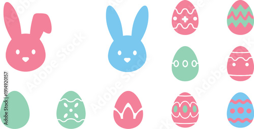 Collection of colorful easter eggs and bunnies in a simple flat design style