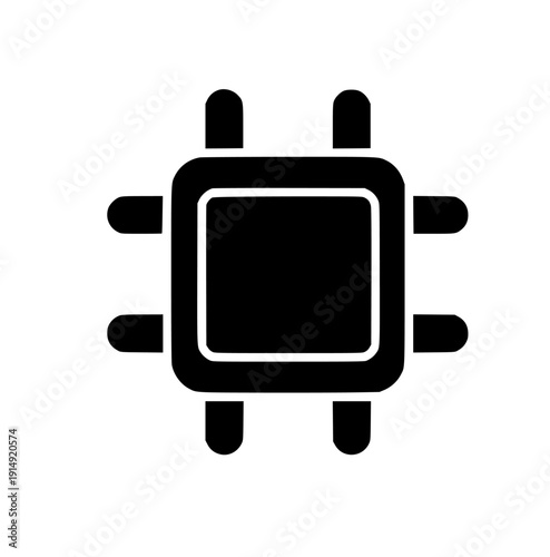 Black icon of a square microchip with pins, symbolizing integrated circuits, computing, digital technology, and electronic components, representing modern processing and innovation