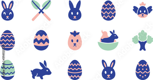 Collection of easter eggs and bunnies in blue pink and green hues