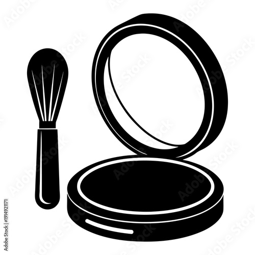 Round Compact Powder Box with Mirror and Brush Isolated on White Background.