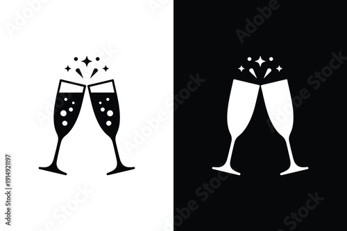 Champagne flutes toasting icon set, Minimalist celebration sparkle vector