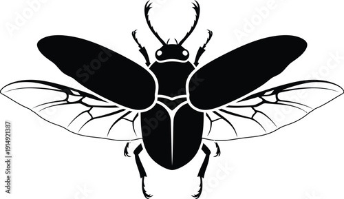 Beetle silhouette in flight shows detailed wings and antennae structure.