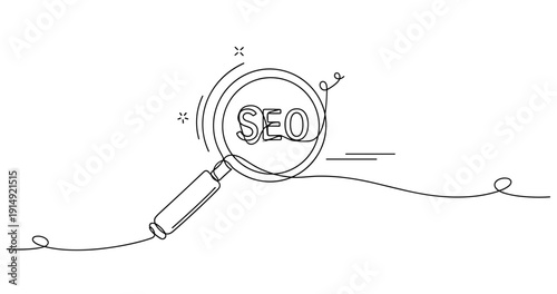 Magnifying glass focus on seo concept in line art illustration. None editable stroke