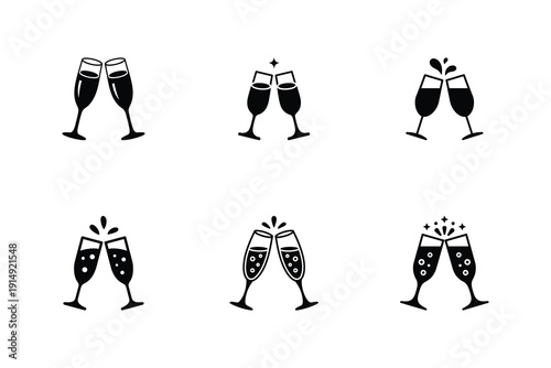 Champagne toast silhouette icon set, Elegant clinking glasses celebration collection