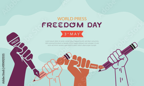Hands raising a microphone, calligraphic pen, and pencil, symbolizing press freedom, media rights, and the voice of journalism