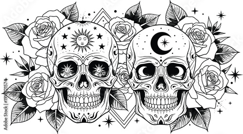Gothic Tattoo Illustration of Two Day of the Dead Sugar Skulls with Sun and Moon Symbols Surrounded by Blooming Roses Hand Drawn Vector Art