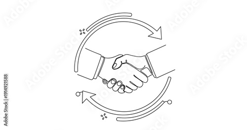 Handshake with arrows symbolizing partnership and exchange. None editable stroke
