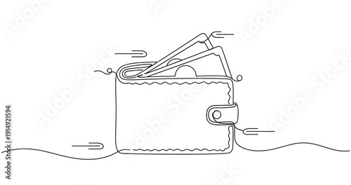 Minimalist line art of wallet with open flap and cash inside on white background. None editable stroke