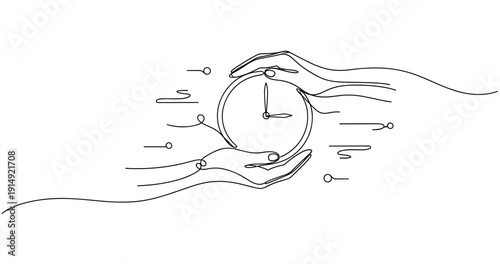 Continuous line drawing of hands holding a clock symbolizing time. None editable stroke