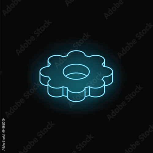 Neon blue gear wheel icon glowing on dark background representing concepts such as settings, configuration, development and engineering