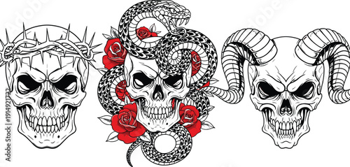 Gothic Tattoo Illustration Collection of Three Skulls Featuring a Crown of Thorns Snake Wrapped in Red Roses and Demonic Ram Horns Vector Art