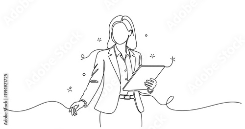 Businesswoman holding tablet line art - female adult. None editable stroke