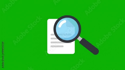 Magnifying glass on document in flat design with bright green background for search icon