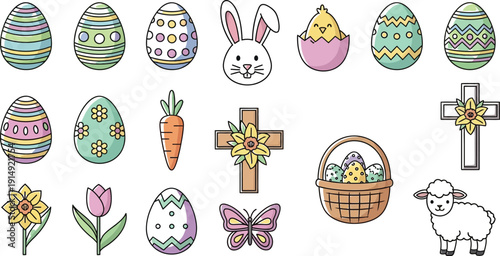 Colorful easter eggs and christian symbols in a festive cartoon style illustration