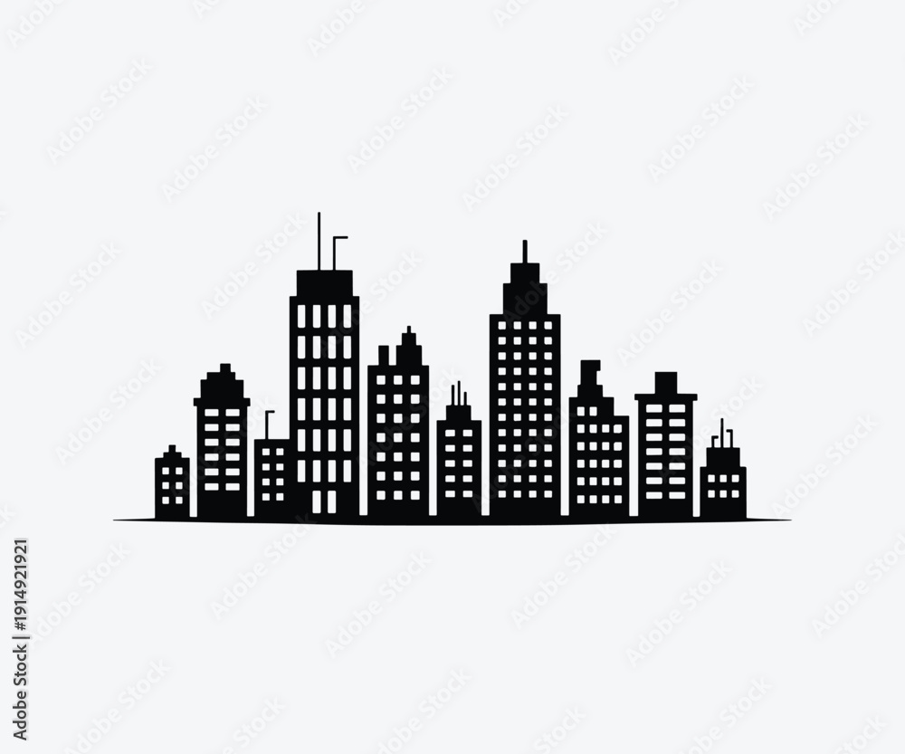 Fototapeta premium Black city skyline with various buildings and skyscrapers silhouette