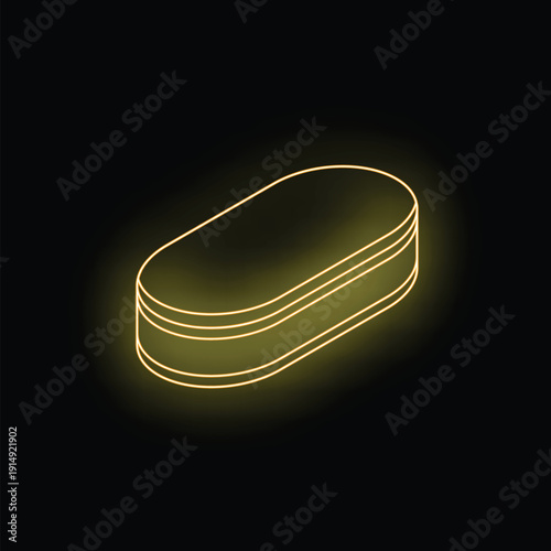 Yellow glowing neon sign representing a pill in isometric view