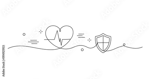 Minimalist health protection concept with heartbeat and shield icons. None editable stroke