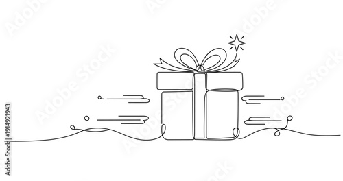 Continuous line drawing of wrapped gift with ribbon and star accents. None editable stroke