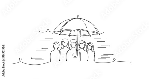 Continuous line drawing of diverse team under umbrella - unity and protection concept. None editable stroke
