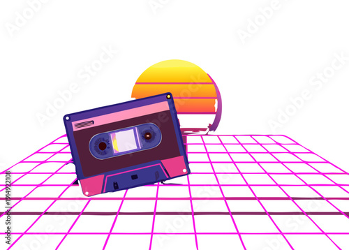 80s synthwave style vector of a glowing floppy disk and a cassette tape, neon sunset background, grid lines, nostalgic but modern.