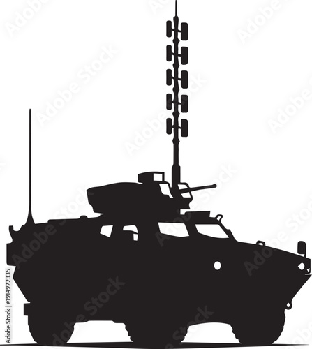 Military armored vehicle with communication antenna vector silhouette illustration line art