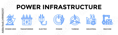 Power Infrastructure Banner Web Icon Set Collection Pack Vector Illustration Concept For Power Grid, Transformer, Electric, Power, Turbine, Industrial, Machine
