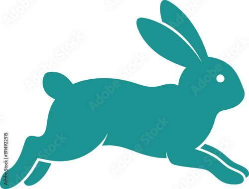 Simple teal rabbit silhouette in mid leap on a white background