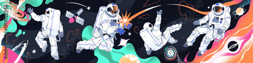 Astronauts are in outer space banner. Spacemen are flying in endless cosmos, interstellar travel. People in spacesuit fly in galaxy, universe. Cosmonauts are spacewalking. Flat vector illustration