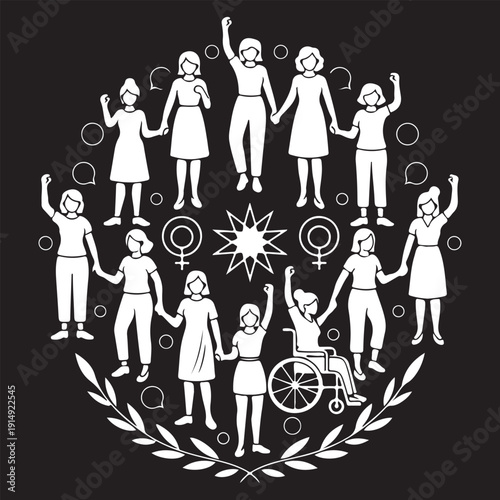 Diverse Women's Empowerment Circle with Wheelchair User, Venus Symbols, and Raised Fists Vector Illustration