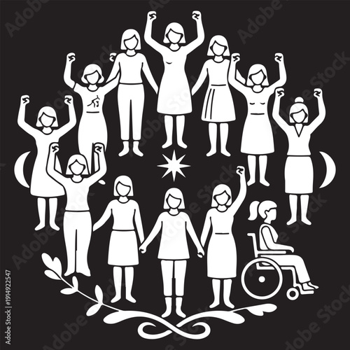 Diverse Women's Empowerment Circle with Wheelchair User and Celestial Symbols Vector Illustration