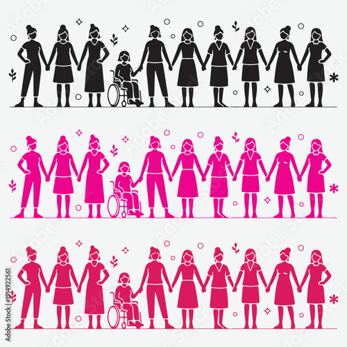 Inclusive Women's Unity Banner Set Holding Hands with Wheelchair User Vector Illustration
