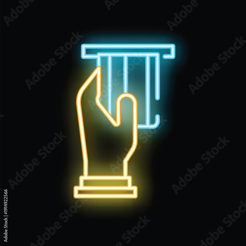 Neon sign illustrating a hand holding a credit card near a pos terminal