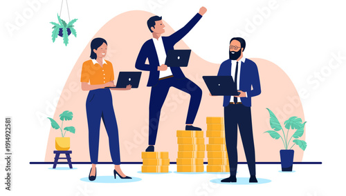 Diverse business team of professionals celebrating success while standing with laptops on stacks of gold coins representing high earnings and financial victory, flat design vector illustration
