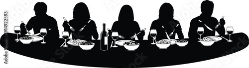 Family dinner silhouette scene with people eating at table, wine bottle and dishes, social gathering restaurant concept isolated on white background
