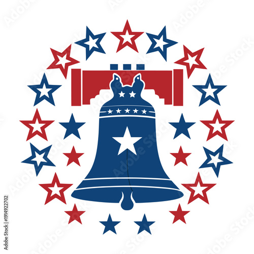 Patriotic Liberty Bell with Stars Circle, 4th of July Independence Day Vector Illustration