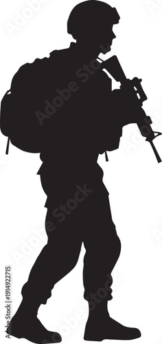 Soldier with rifle vector silhouette illustration, line art military personnel graphic