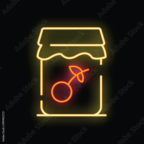 Glowing neon line icon of a jar of cherry jam with a lid and a label