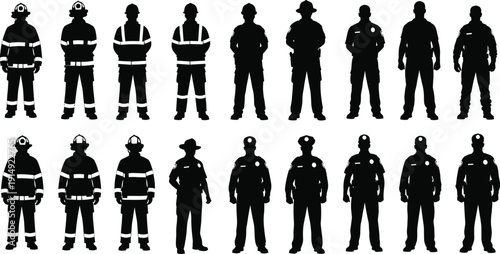 Firefighter and police officer silhouette set, emergency service professionals standing in uniform, public safety and rescue team isolated on white background