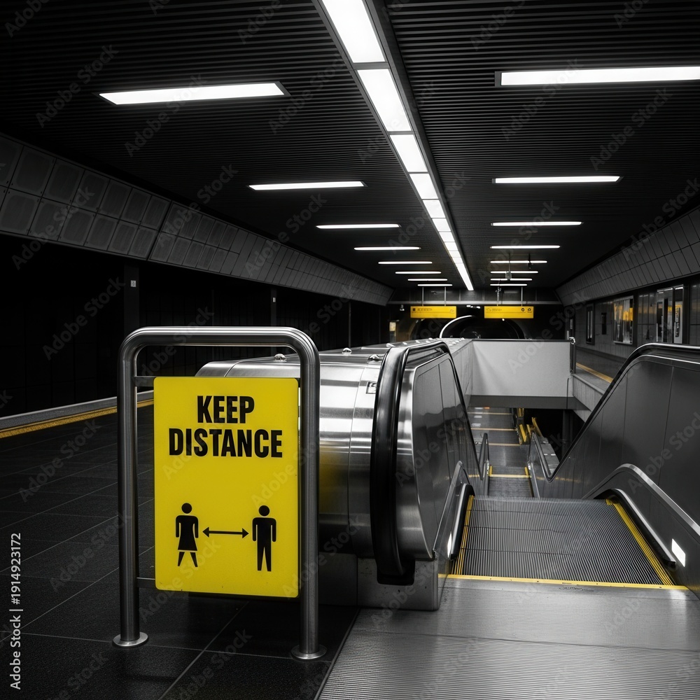 Fototapeta premium Maintaining Social Distancing: Escalator View with Caution Sign in Modern Transit System