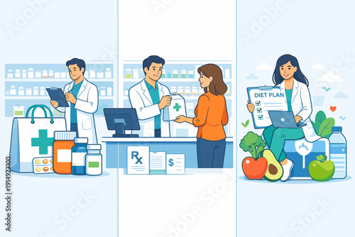 Pharmacy and Wellness Service Illustration: Pharmacist consultation, medication dispensing, and nutritionist providing a healthy diet plan.