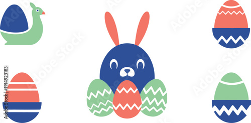 Colorful Easter bunny cartoon holding easter eggs with decorative eggs designs nearby