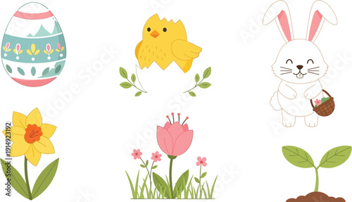 Easter elements with egg, chick, bunny, flowers, and seedlings in a colorful flat illustration