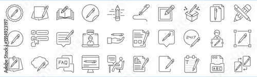 Writing related editable stroke line icons set.