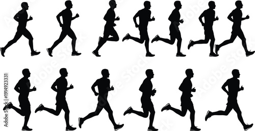 Running man silhouette sequence showing jogging motion cycle, male athlete fitness training animation frames isolated on white background illustration