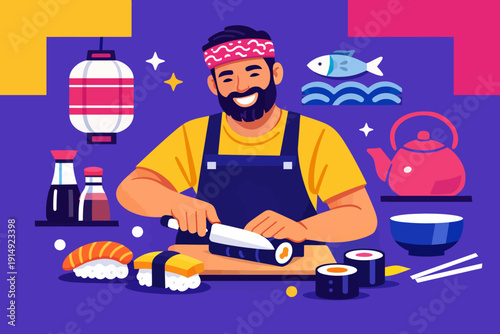 Bearded Sushi Chef Preparing Fresh Japanese Maki Rolls and Nigiri. Professional Cooking and Culinary Expertise Flat Vector Illustration.