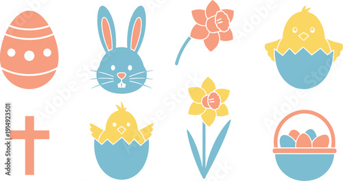 Colorful easter theme icons including eggs, bunnies, flowers, and chicks in pastel hues