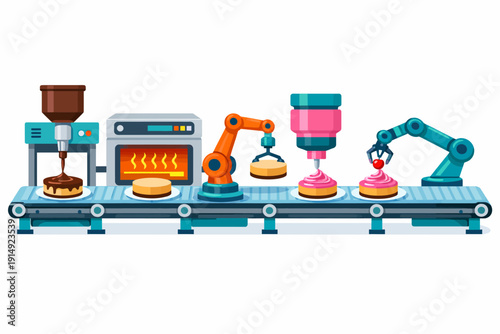 Fully Automated Cake Production Line with Industrial Robots and Machinery. Food Factory Conveyor Belt Manufacturing Process.