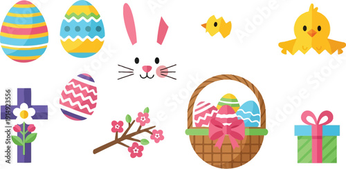Vibrant easter elements including eggs, bunnies, chicks, and decorative objects for festive celebrations