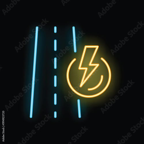 Neon sign illuminating a charging station symbol by the road, symbolizing electric vehicle charging and sustainable transportation