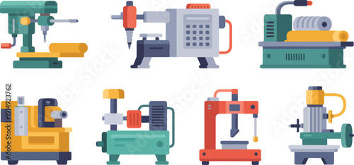 Industrial Workshop Machine Icon Set  Drill Press, Lathe, Compressor and Woodworking Equipment